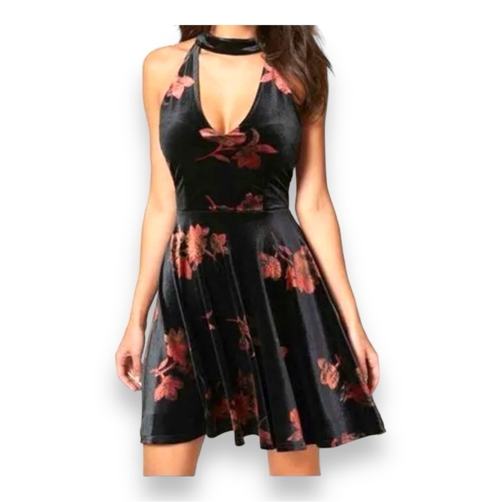 MEDIUM VENUS VELOUR DRESS BLACK FLORAL ALINE SLEEVELESS  EVENT PARTY DATE NIGHT